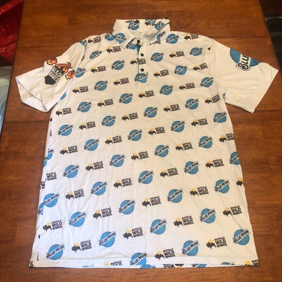 Buffalo Wild Wings X Blue Moon Beer Polo Shirt Mens Size Large Short Sleeve - Picture 1 of 11